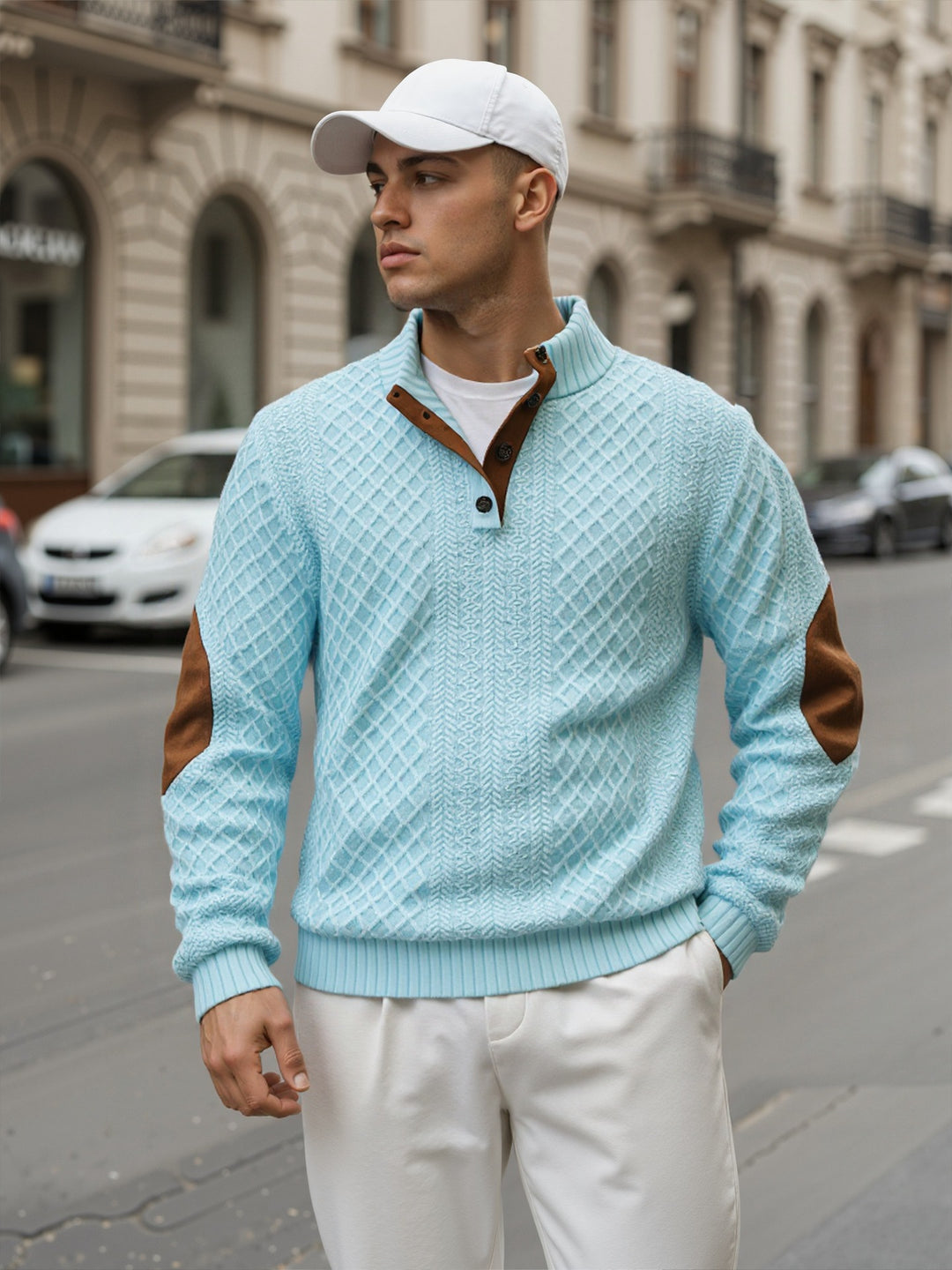 Men's troyer sweater with stand-up collar, structured knit look and contrast elbow patches Mune Fashion