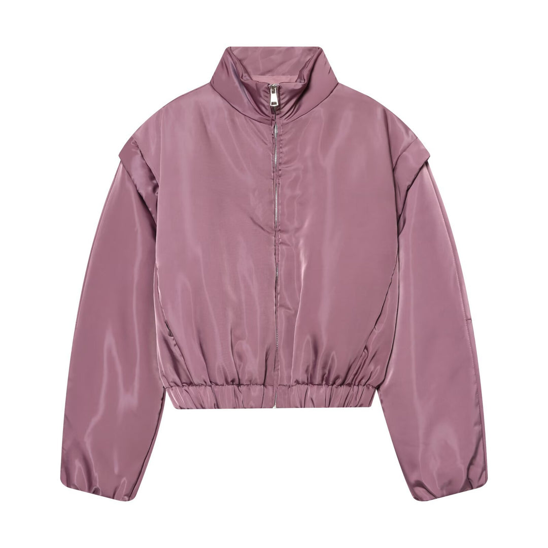 Women Shiny Cropped Bomber Jacket with Stand Collar and Elastic Waist Mune Fashion