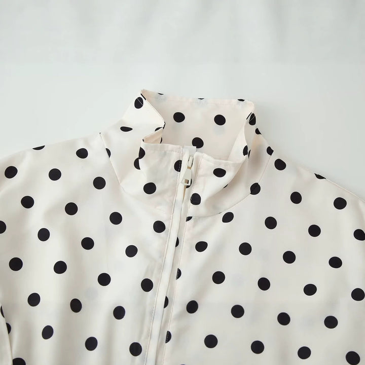 Women Lightweight Transition Jacket with Stand-Up Collar, Zipper and Polka Dot Pattern Mune Fashion