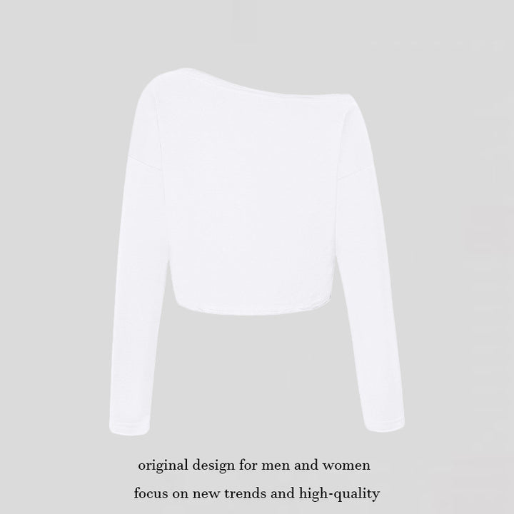 Women's cropped long sleeve shirt with wide boat neckline and dropped shoulders Mune Fashion