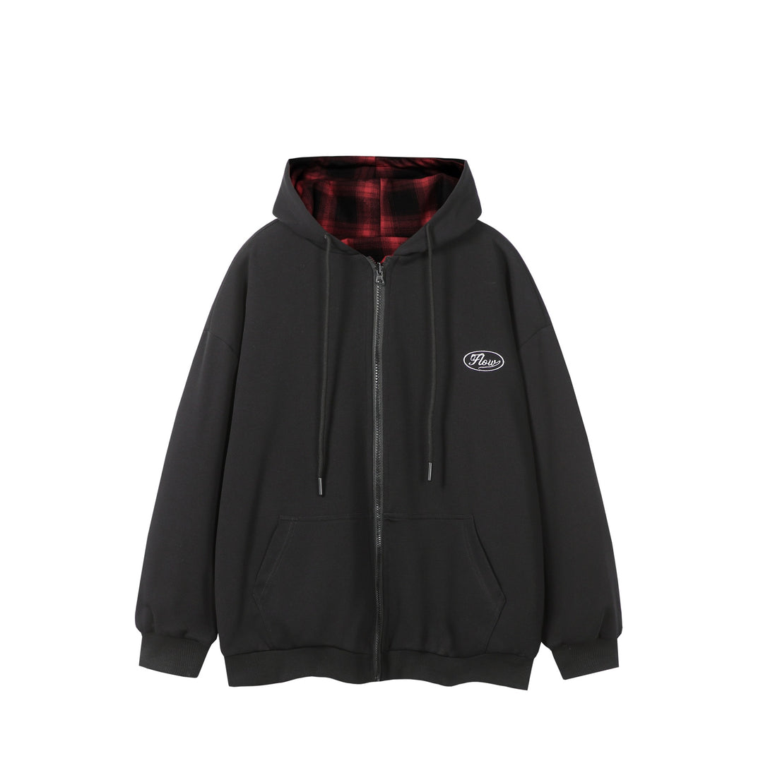 Unisex Oversize Hoodie Zipper Jacket with Checkered Hood Lining and Kangaroo Pockets Mune Fashion