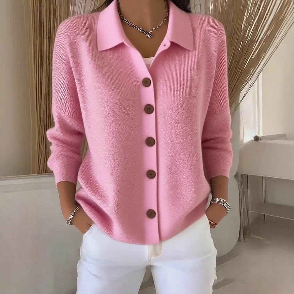 Women's fine knit cardigan with shirt collar and full button placket Mune Fashion