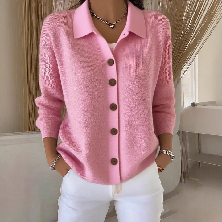 Women's fine knit cardigan with shirt collar and full button placket Mune Fashion