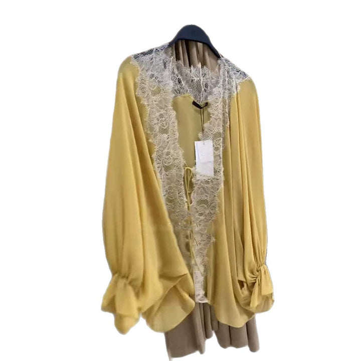 Women's blouse jacket with lace insert, deep V and balloon sleeves Mune Fashion
