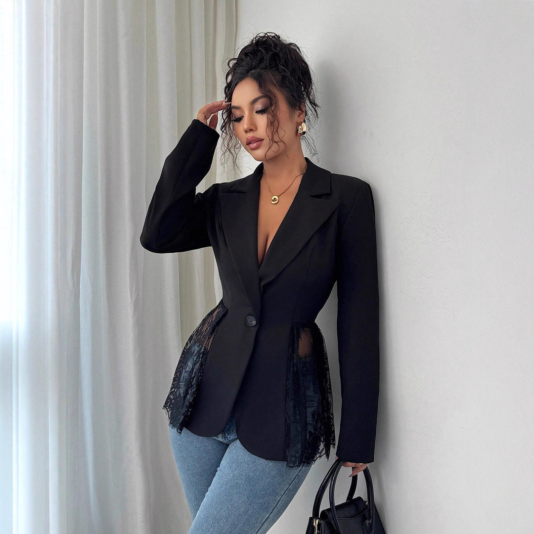 Women's nan tailored blazer with lace trim and deep V-neck Mune Fashion