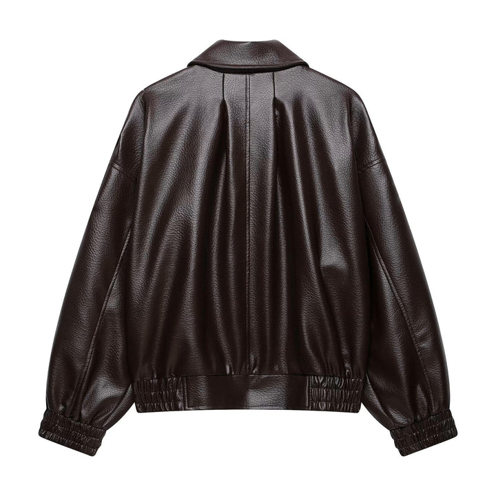 Women's Oversized Faux Leather Bomber Jacket with Epaulettes, Elastic Hem and Pockets Mune Fashion