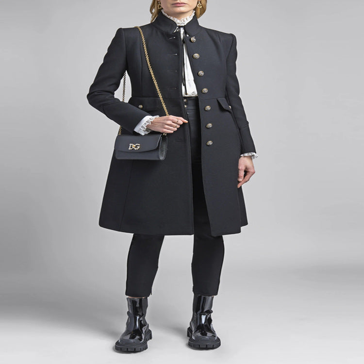Women's Tailored Coat in Uniform Tailoring with Stand-Up Collar, Decorative Button Placket and Patch Pockets Mune Fashion