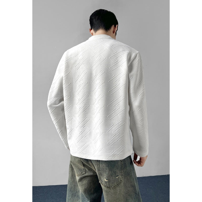 Men's Structured Long Sleeve Shirt with Stand-Up Collar and Geometric Relief Pattern Mune Fashion