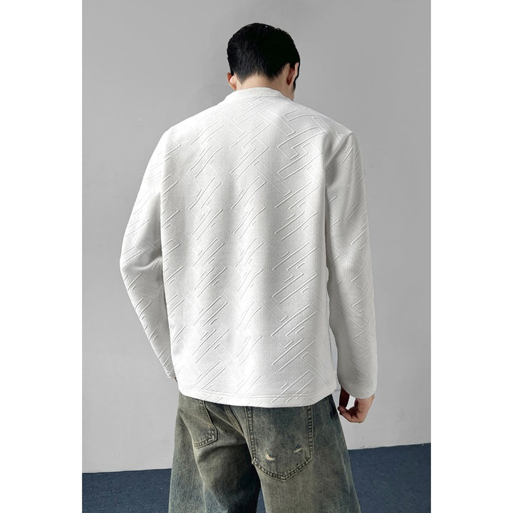 Men's Structured Long Sleeve Shirt with Stand-Up Collar and Geometric Relief Pattern Mune Fashion