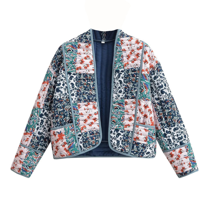 Women Quilted Patchwork Quilted Jacket with Floral Print, Open Kimono Silhouette and Patch Pockets Mune Fashion