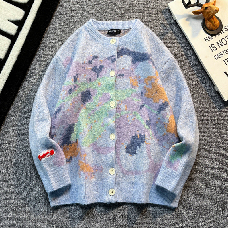 Women Oversized Cardigan with Abstract Intarsia Pattern Mune Fashion