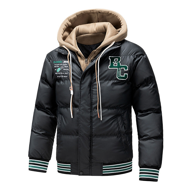 Men's Padded Quilted Jacket with Hoodie Insert and College Patches Mune Fashion
