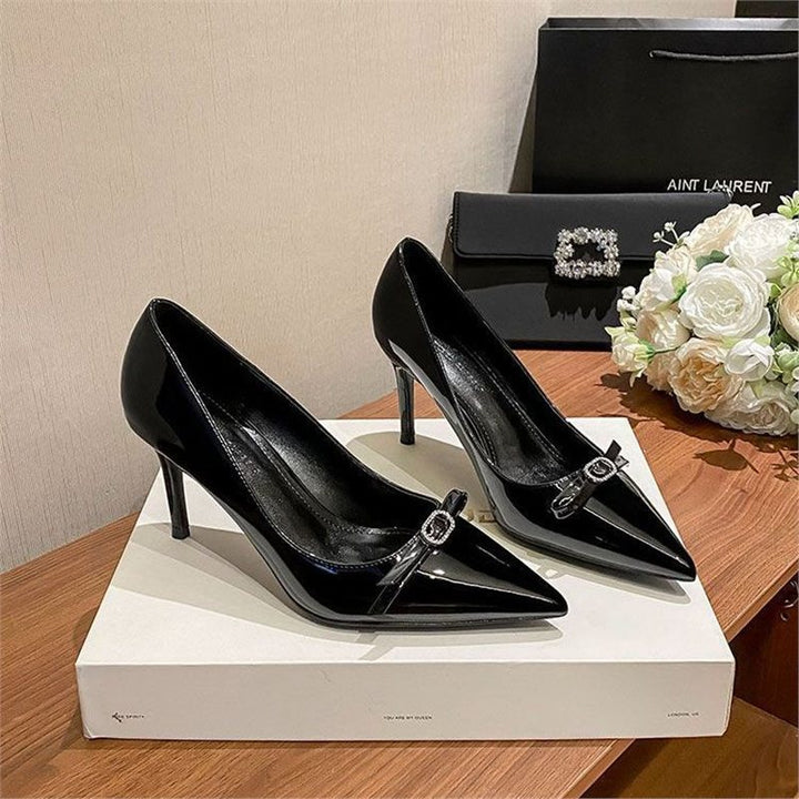 Women's pointed toe patent pumps with high stiletto heel and crystal bow appliqué Mune Fashion