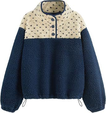 Women's teddy fleece pullover with stand-up collar, press button placket, and drawstring Mune Fashion