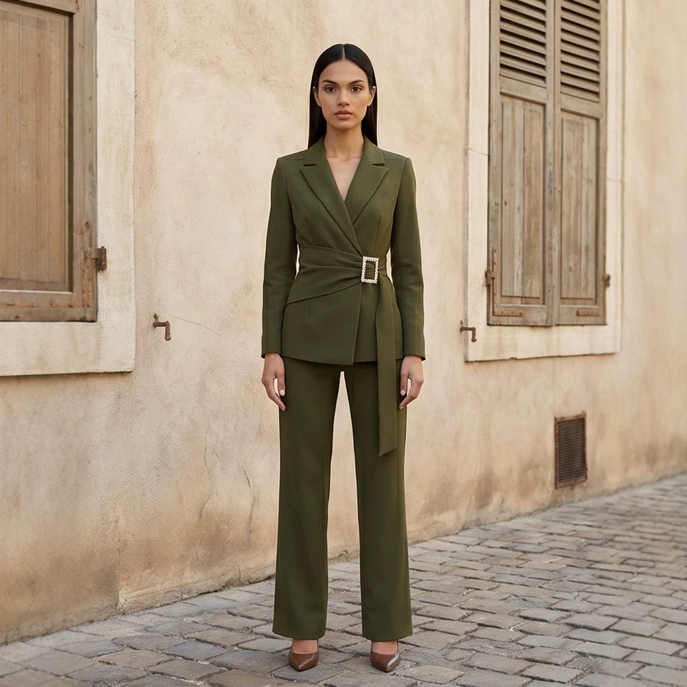 Ladies fitted wrap blazer with pearl belt buckle and slim suit trousers Mune Fashion