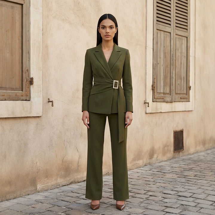 Ladies fitted wrap blazer with pearl belt buckle and slim suit trousers Mune Fashion