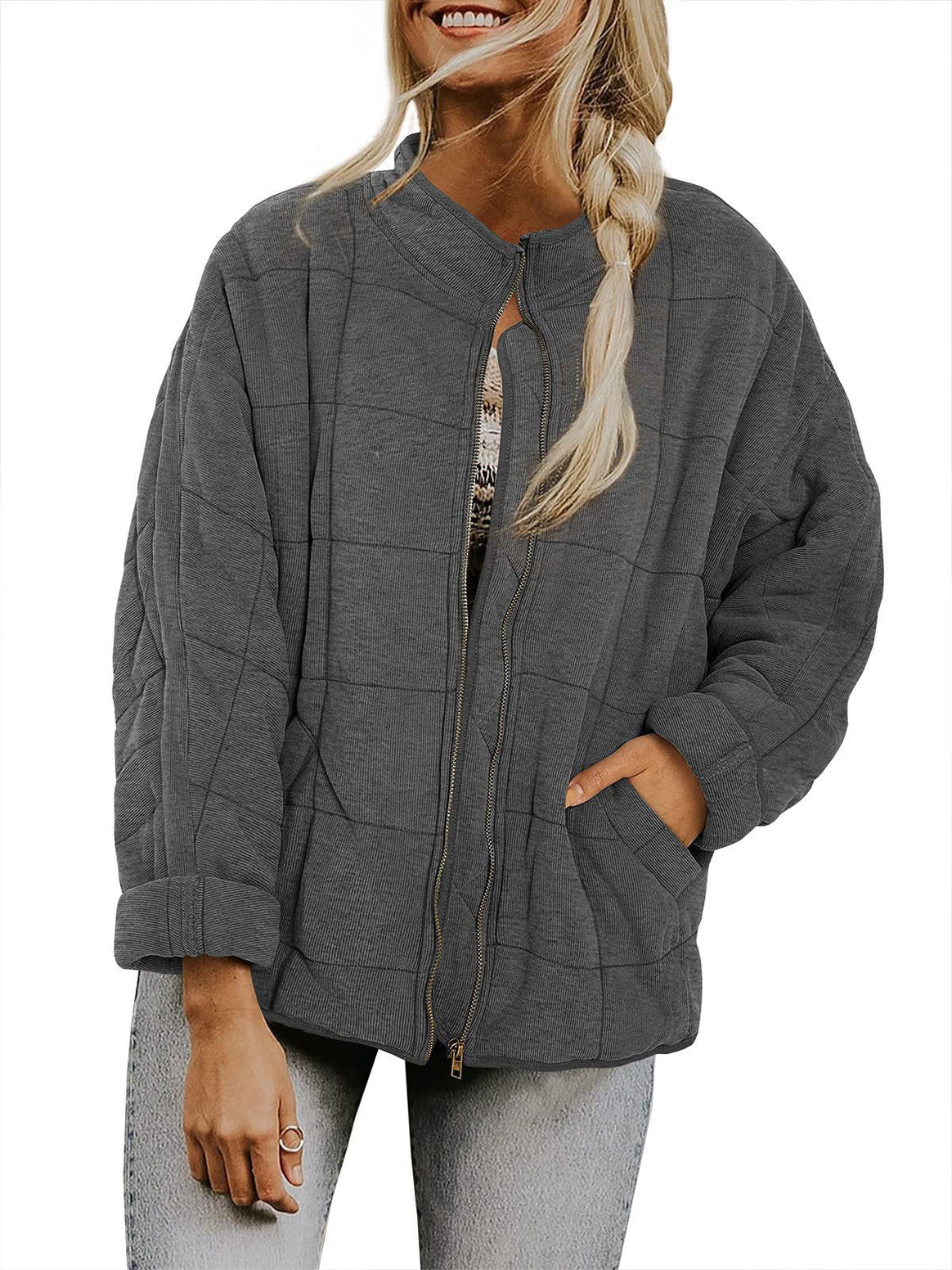 Women's Oversize Quilted Jacket with Zipper and Side Pockets Mune Fashion