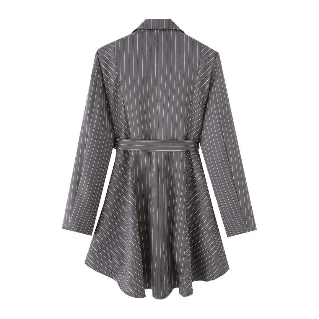Women nan tailored blazer dress with pinstripes, tie belt and asymmetrical hem Mune Fashion