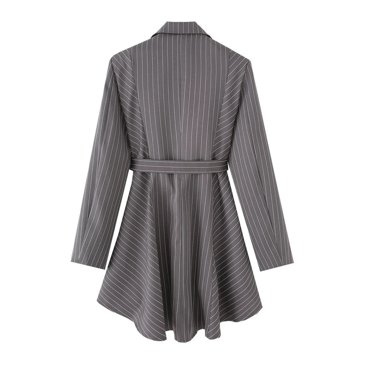 Women nan tailored blazer dress with pinstripes, tie belt and asymmetrical hem Mune Fashion