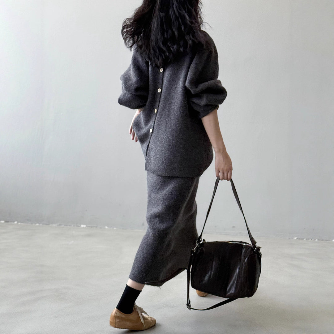 Women Cozy Knit Set Oversized Sweater with Wide Round Neckline and Midi Skirt Mune Fashion