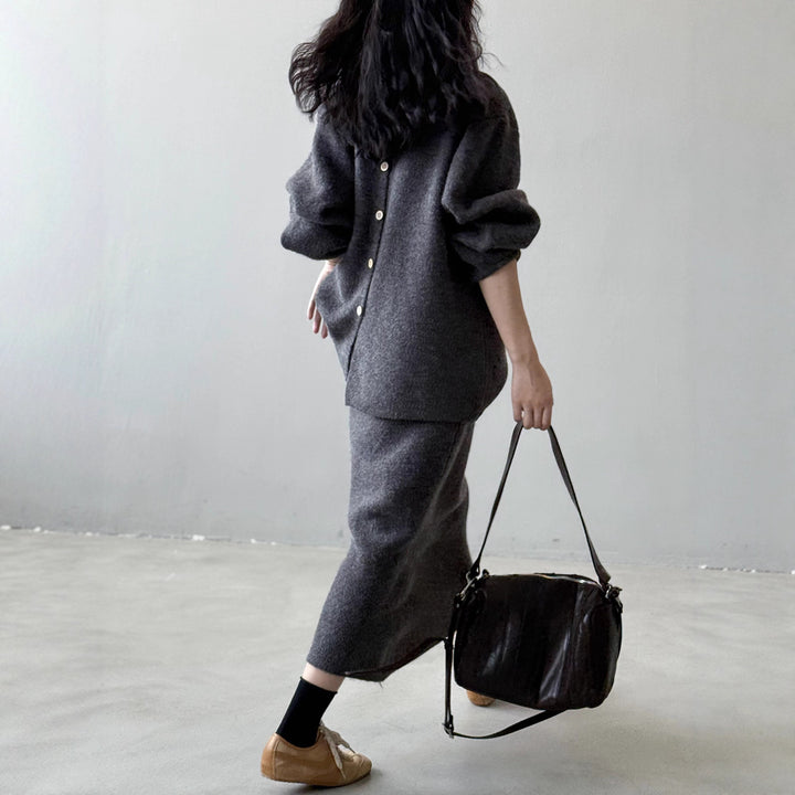 Women Cozy Knit Set Oversized Sweater with Wide Round Neckline and Midi Skirt Mune Fashion