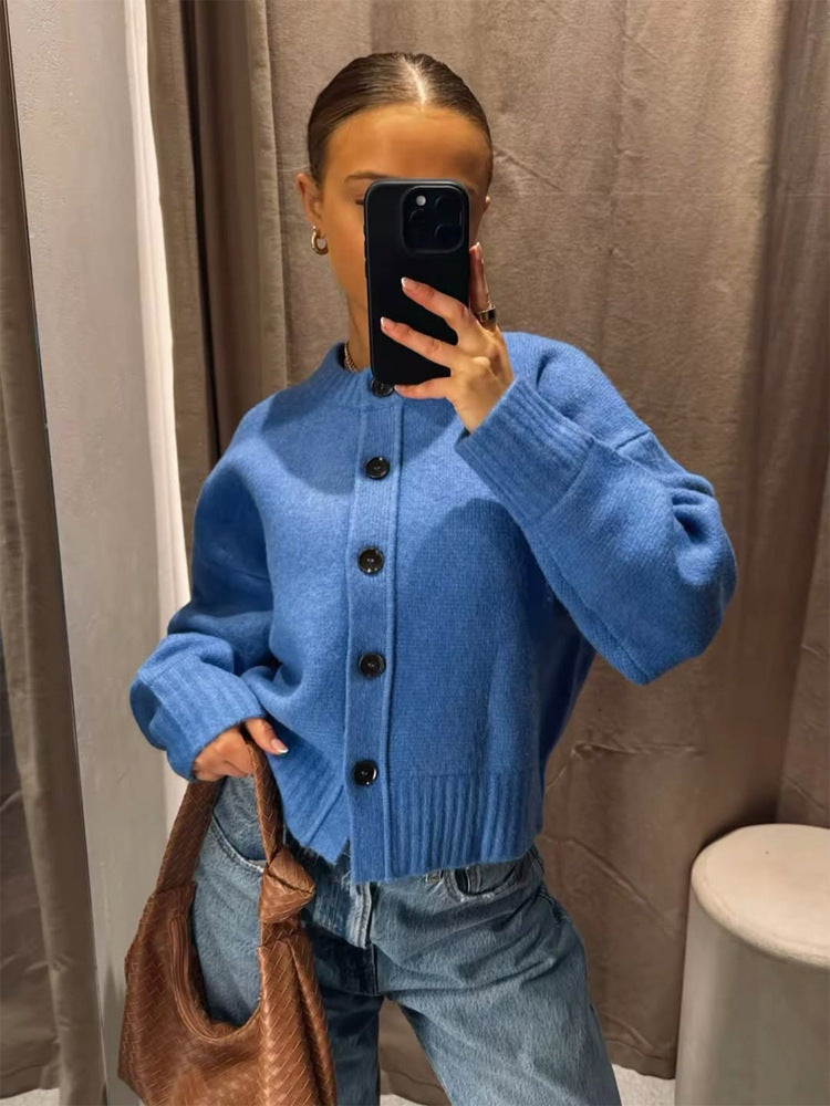 Women's Short Boxy Cardigan with Large Button Placket, Ribbed Hem & Volume Sleeves Mune Fashion