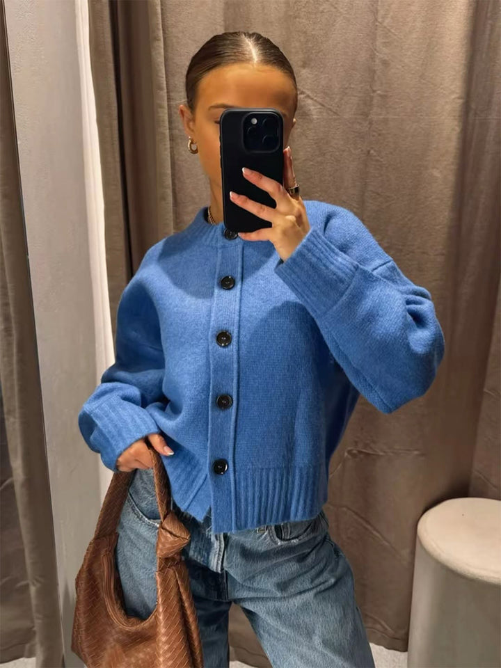Women's Short Boxy Cardigan with Large Button Placket, Ribbed Hem & Volume Sleeves Mune Fashion