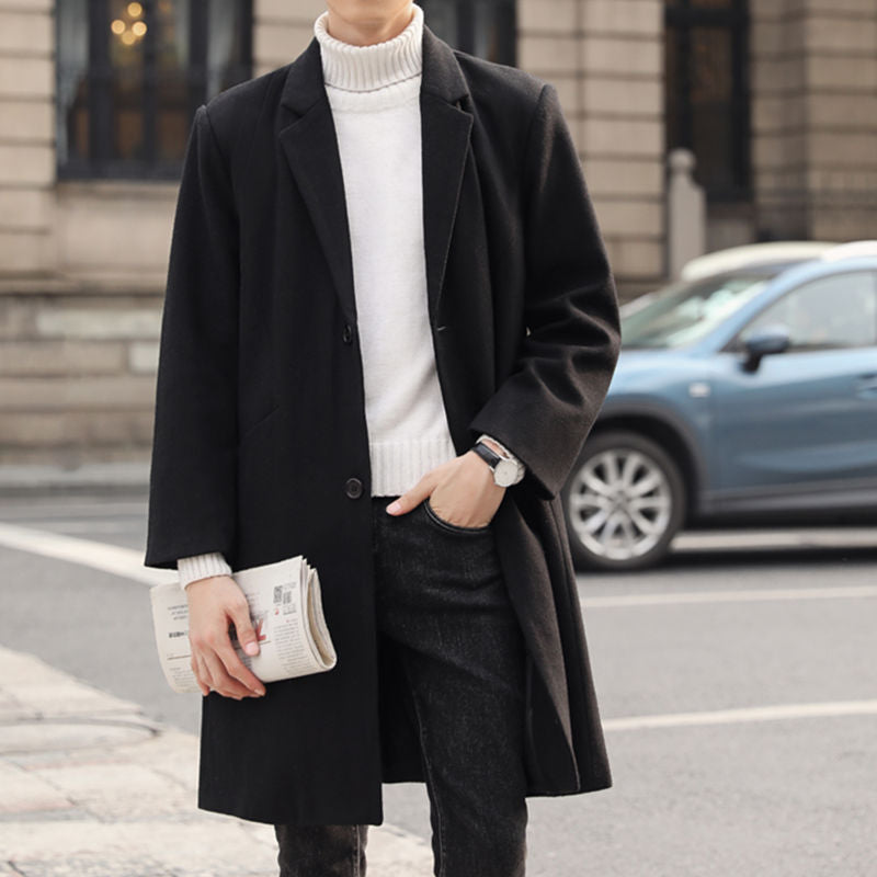 Men's Long Elegant Single-Breasted Wool Blend Coat with Classic Lapel Mune Fashion