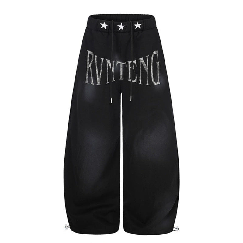 Women's Extra Wide Palazzo Sweatpants with Drawstring Waistband, Star Appliqué and Soft Tie-Dye Effect Mune Fashion
