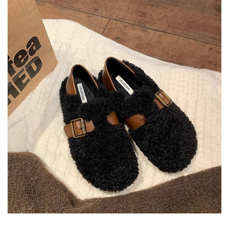 Women's Insulated Teddy-Fleece Mules with Adjustable Metal Buckle and Heel Strap Mune Fashion