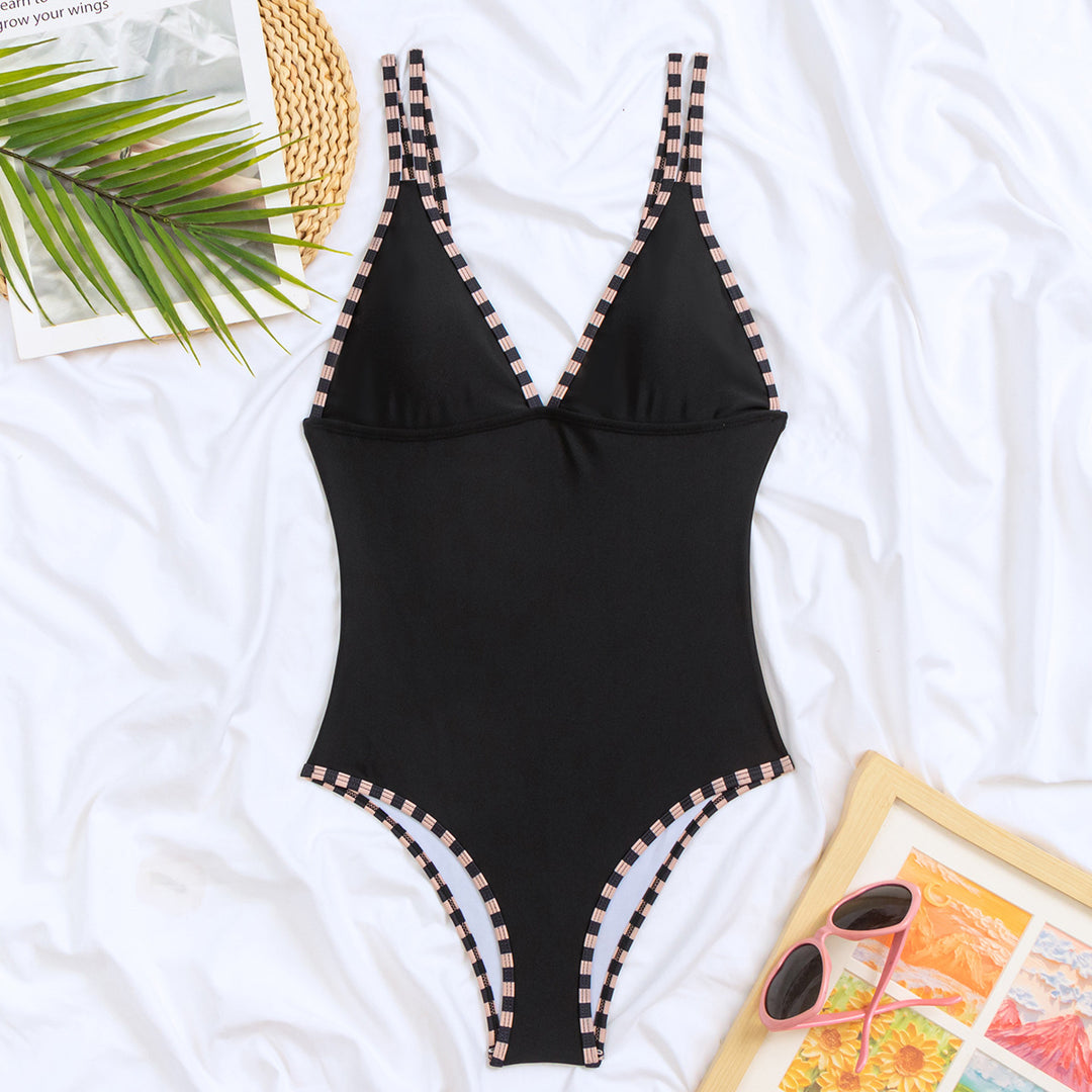 Women Elegant One-Piece Swimsuit with Stylish V-Neck and Check Details Mune Fashion