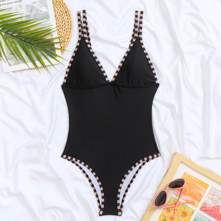 Women Elegant One-Piece Swimsuit with Stylish V-Neck and Check Details Mune Fashion