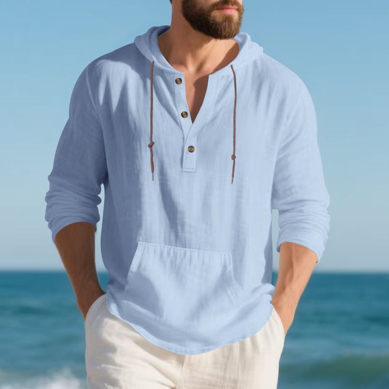 Men's lightweight linen Henley hoodie top with kangaroo pocket and casual relaxed fit Mune Fashion