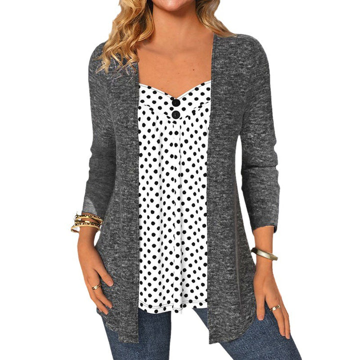 Ladies Open Long Cardigan with integrated polka dot insert and figure-flattering inner blouse Mune Fashion