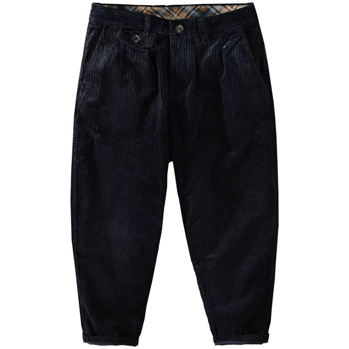 Men's corduroy pants with a tapered cut, high waistband, checked inner band, and rolled hem Mune Fashion