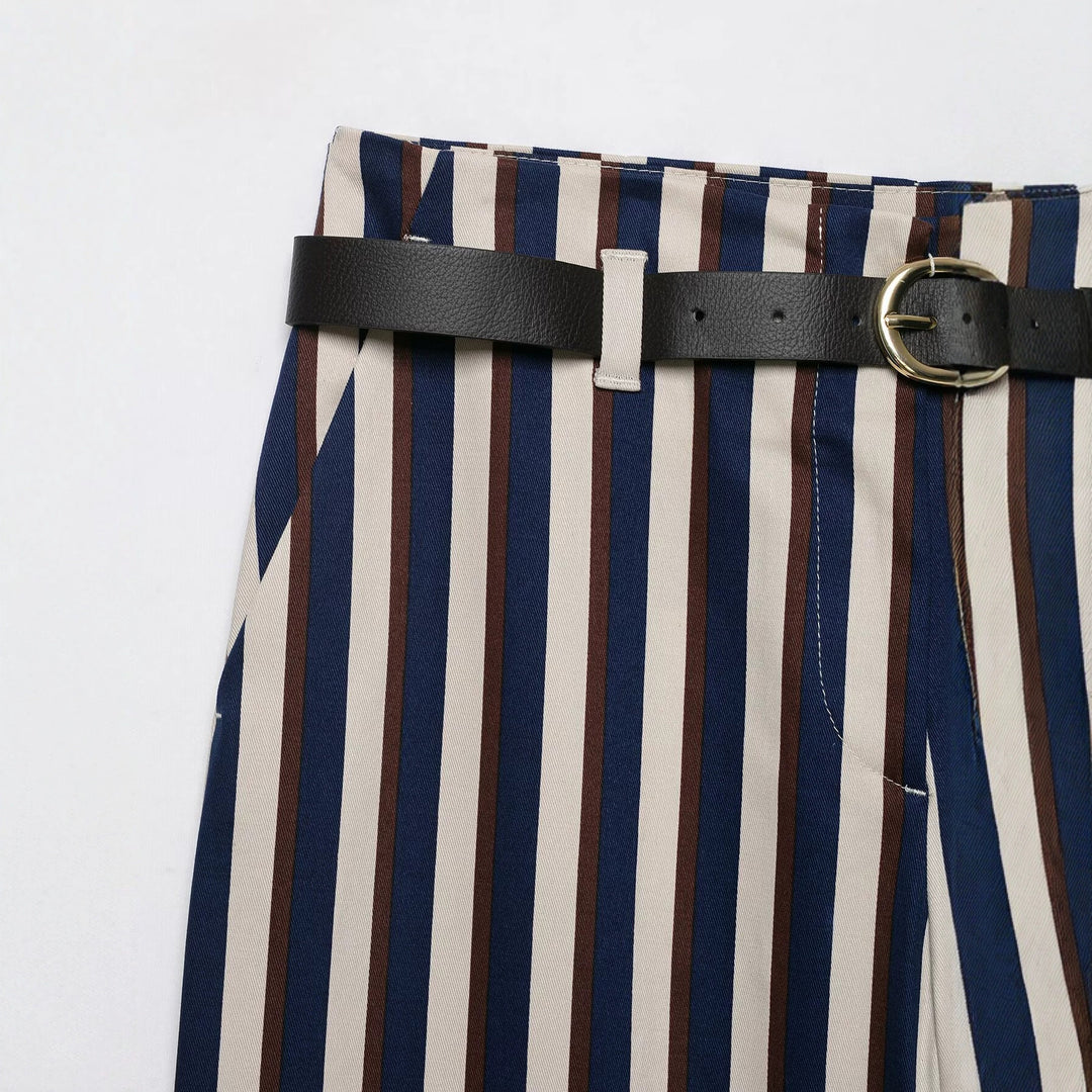 Women's Wide High-Waist Culotte Pants with Vertical Stripe Pattern and Decorative Belt Drune