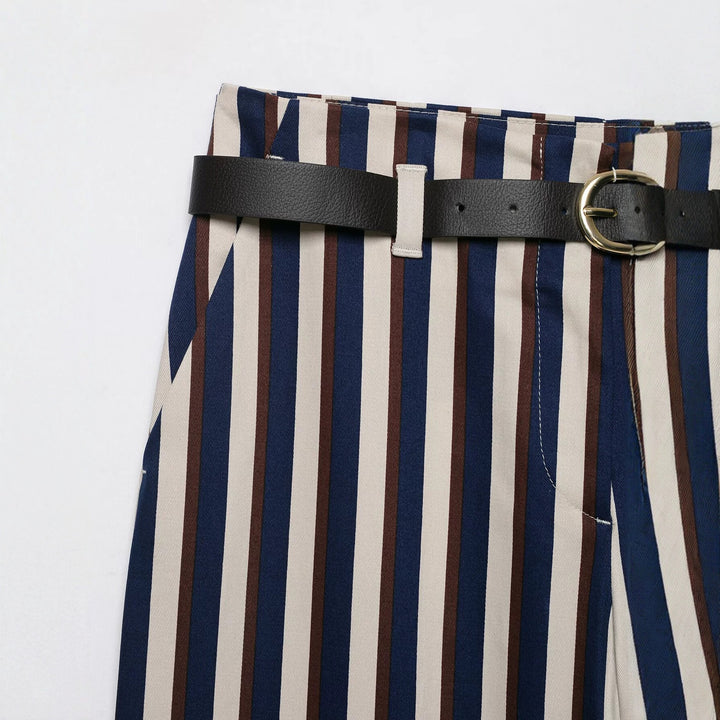 Women's Wide High-Waist Culotte Pants with Vertical Stripe Pattern and Decorative Belt Drune