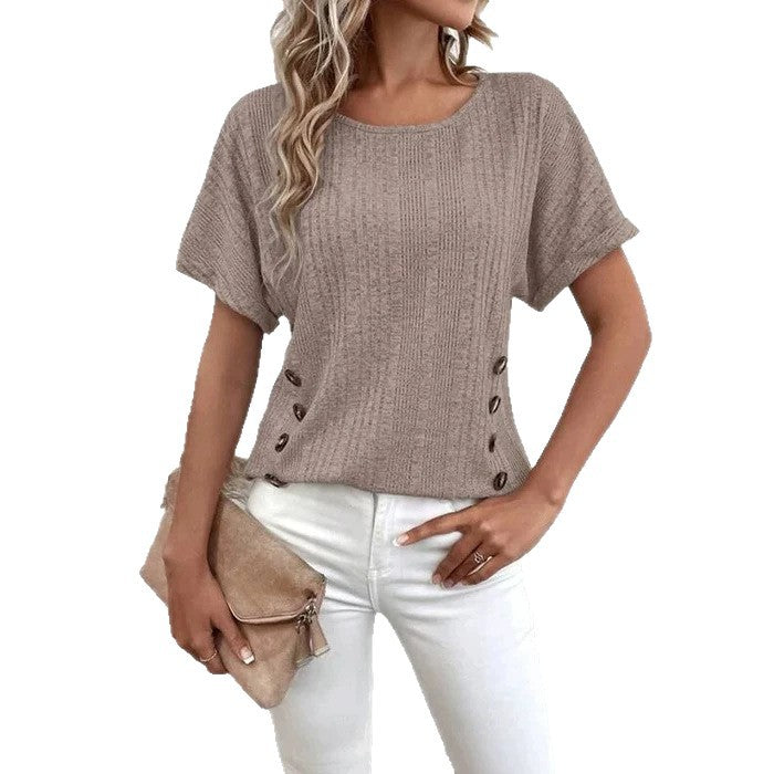 Ladies' knitted fine rib top with round neck and side decorative button placket Mune Fashion