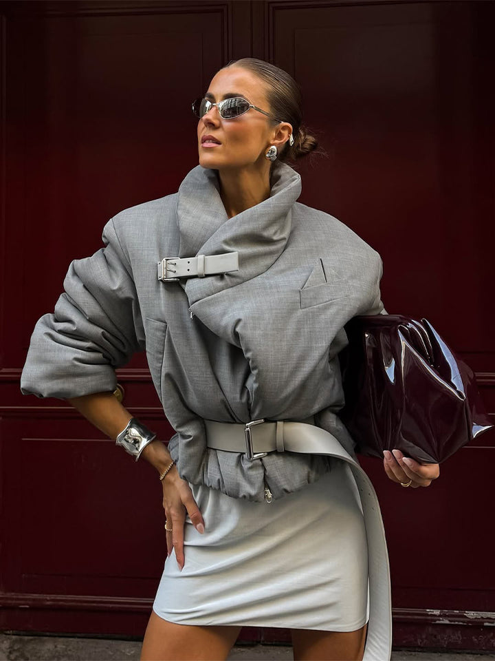 Women's padded oversized blazer with high shawl collar and waist belt Mune Fashion