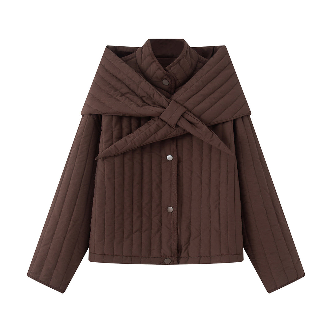 Women's quilted jacket with large wrap collar and tie scarf Mune Fashion