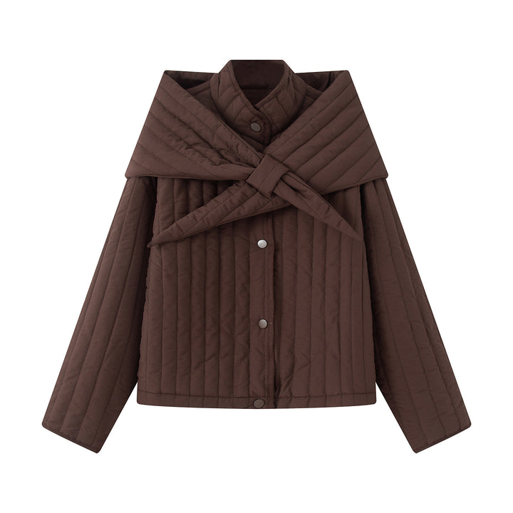 Women's quilted jacket with large wrap collar and tie scarf Mune Fashion
