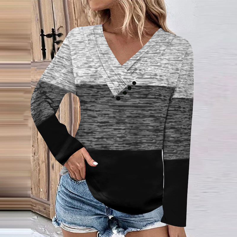 Women's Ribbed V-Neck Sweater with Gradient, Decorative Buttons and Relaxed Fit Mune Fashion