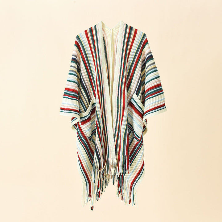 Women's Striped Knit Poncho with Fringes and Pockets Mune Fashion
