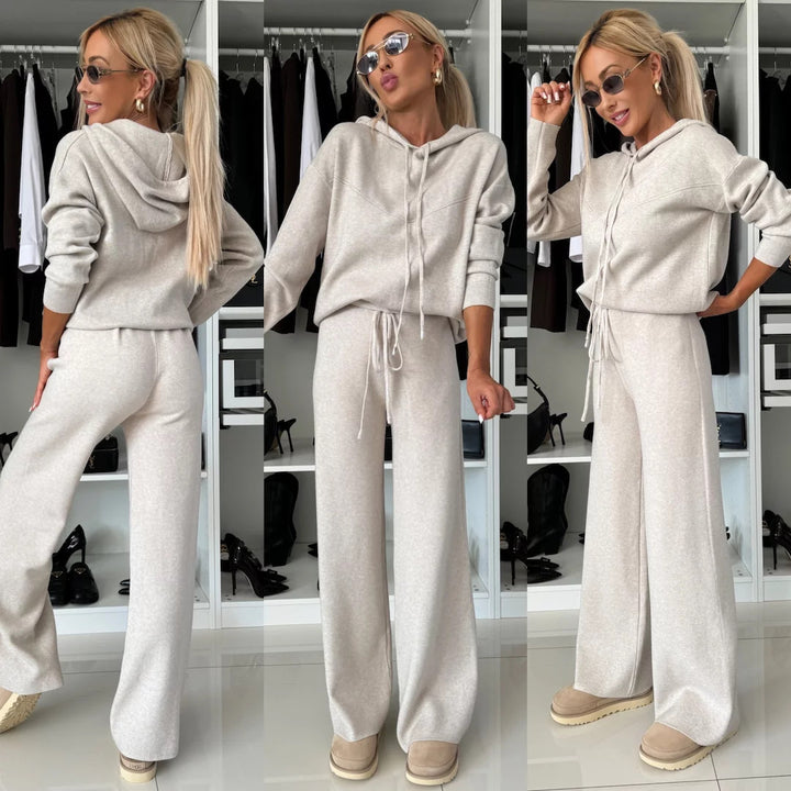 Women's luxurious fine knit loungewear set with hoodie, elastic comfortable waistband, and flowing wide-leg pant leg Mune Fashion