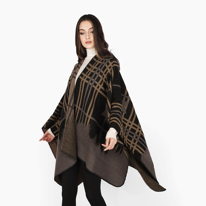 Women's Oversize Cape Poncho made of wool mix with star and check jacquard and softly falling drape