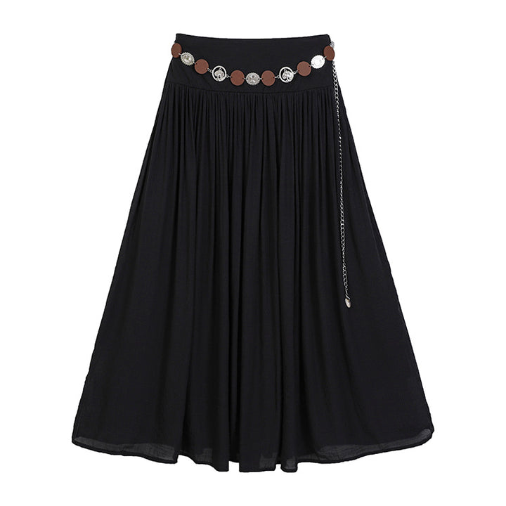 Women's maxi skirt with gathered waist, flowing flared shape and decorative coin belt Mune Fashion