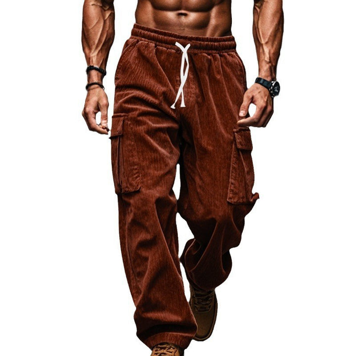 Men's loose corduroy cargo pants with elastic drawstring waistband, patch flap pockets, and relaxed silhouette Mune Fashion