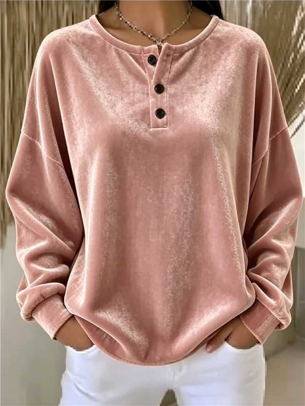Women Casual Oversized Velvet Henley Shirt with Button Placket Mune Fashion