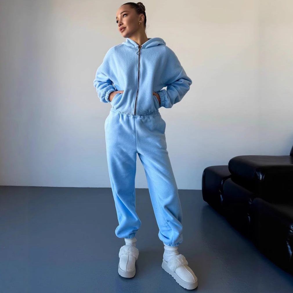 Women's cozy fleece hoodie and jogging pants lounge set with zip-up hood elastic waistband Mune Fashion