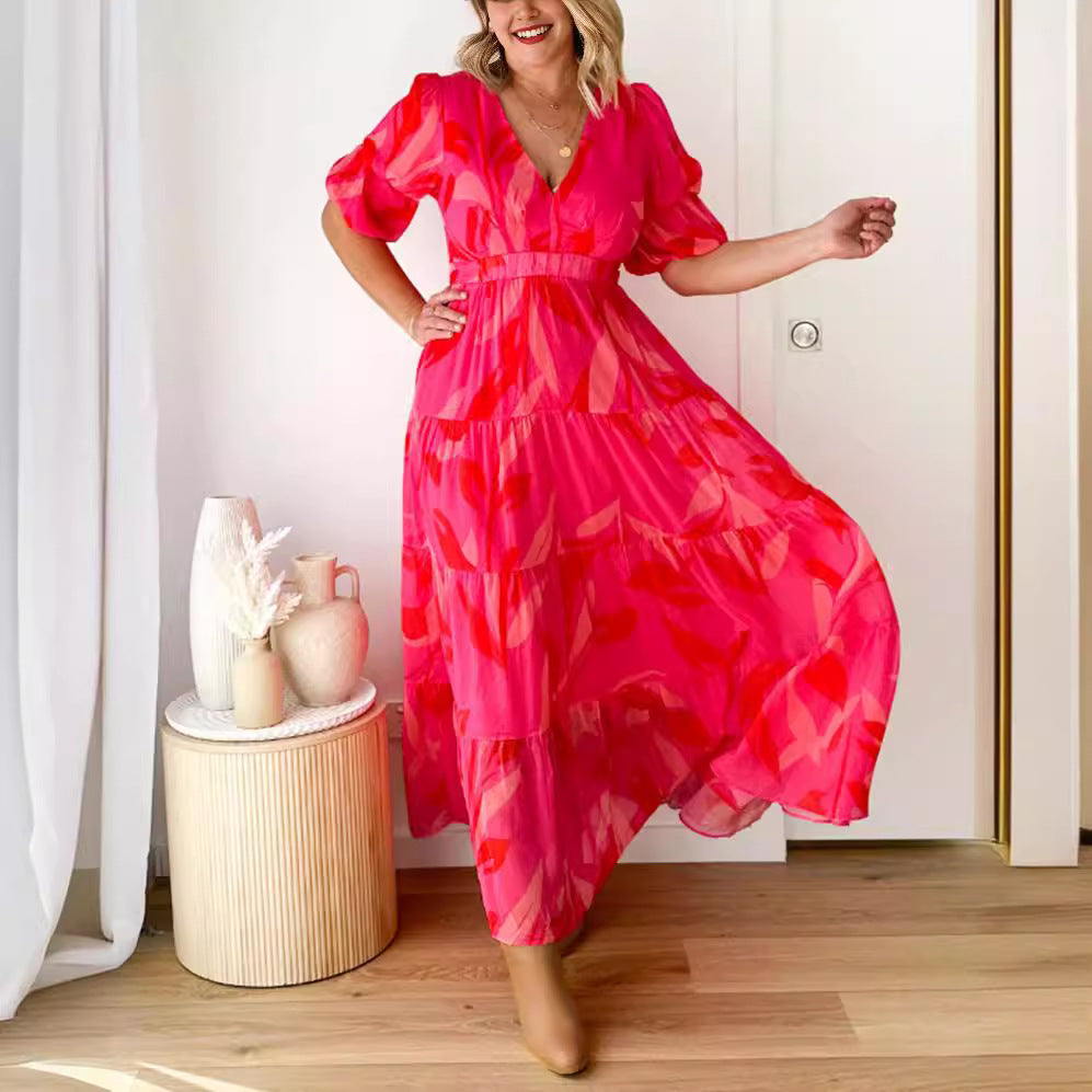 Ladies' flared maxi dress with V-neck, elastic underbust seam, and tiered skirt Mune Fashion